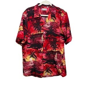 Hawaiian vacation button down Shirt mens L blouse red sunset Hawaii island beach